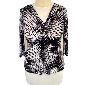 Daisy Fuentes Women's L Blouse V Neck Black White Abstract Knot Front Waterfall